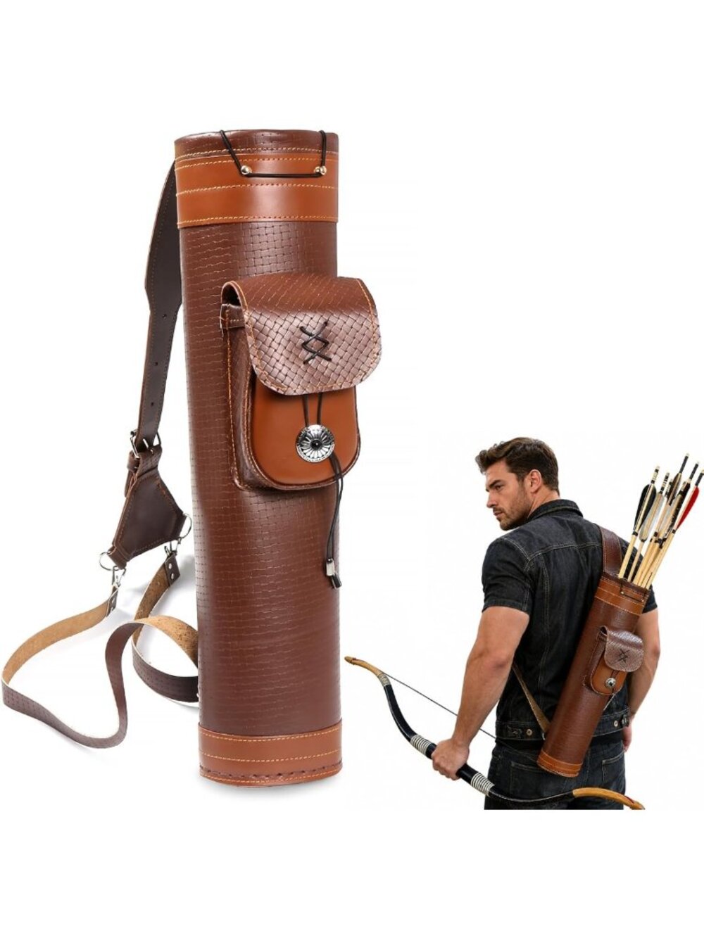 Handmade Leather Bow Quiver with Large Pouch, Adjustable Straps, Brown Arrow